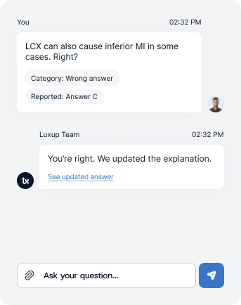 A chat thread with the Luxup team answering a question